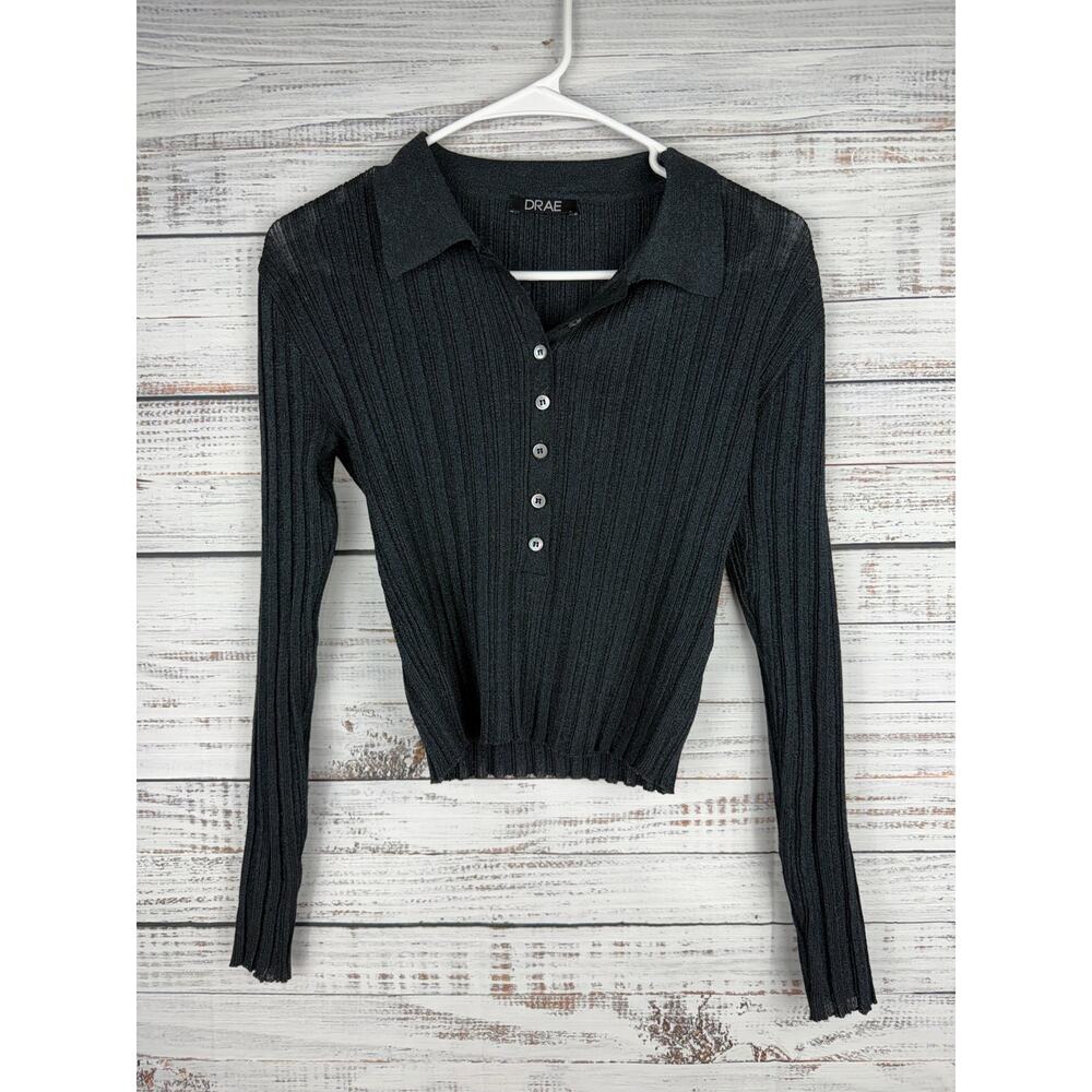 DRAE Black Shimmer Long Sleeve Crop Top Collared Dark Academia Small Stretch Rib